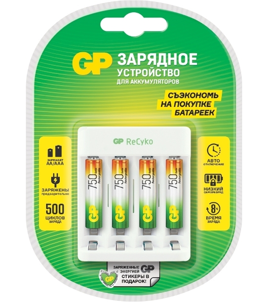 Зарядное устройство GP Rechargeable Е411/75AAAHCCS-2CR1 AA/AAA NiMH 750mAh (4шт) блистер
