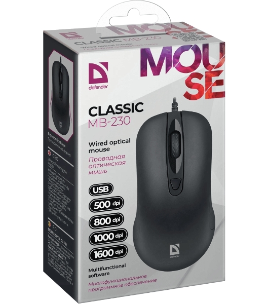 Мышь проводная Defender Classic MB-230 черный, 1600 dpi, USB, кнопки - 4