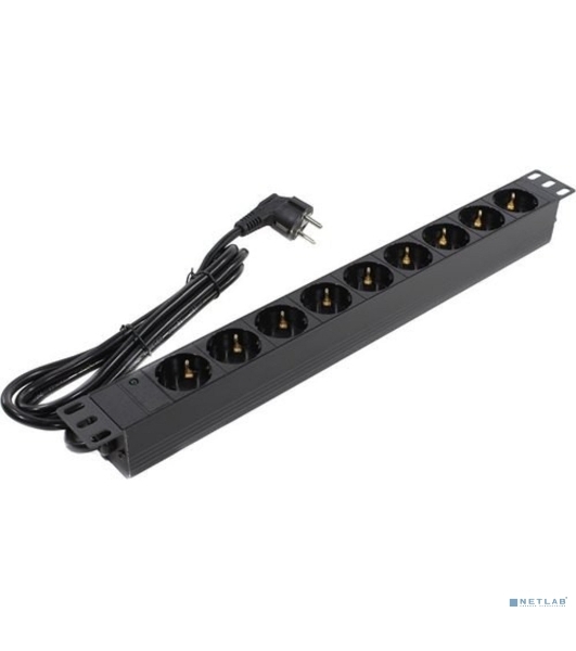 Блок розеток горизонтальный ExeGate ServerPro PDU-19H903 Al-9S-EU2, 19', 1U, Алюминий, 9 Schuko, кабель с евровилкой VDE-250V-16A-3*1.5мм2, 2 метра, черный