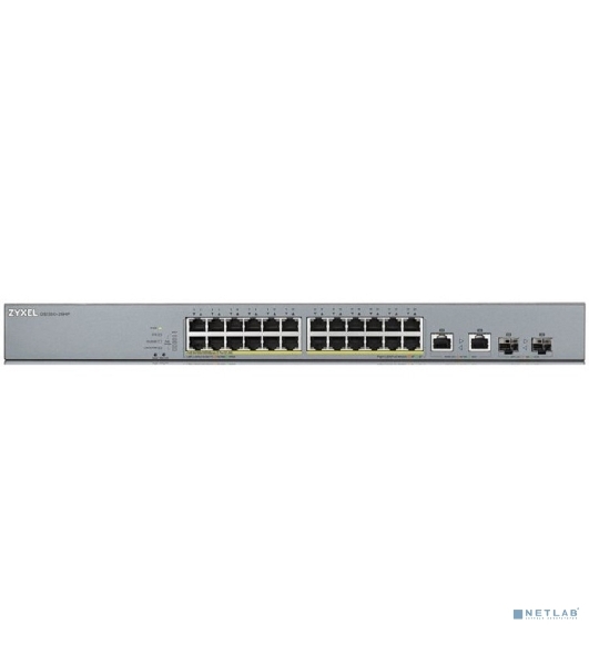 Коммутатор Zyxel GS1350-26HP, 24xGE PoE+, 2xCombo (SFP/RJ-45), бюджет PoE 375 Вт, дальность передачи питания до 250 м, автоперезагрузка PoE-портов, повышенная защита от перенапряжений и электростатических разряд