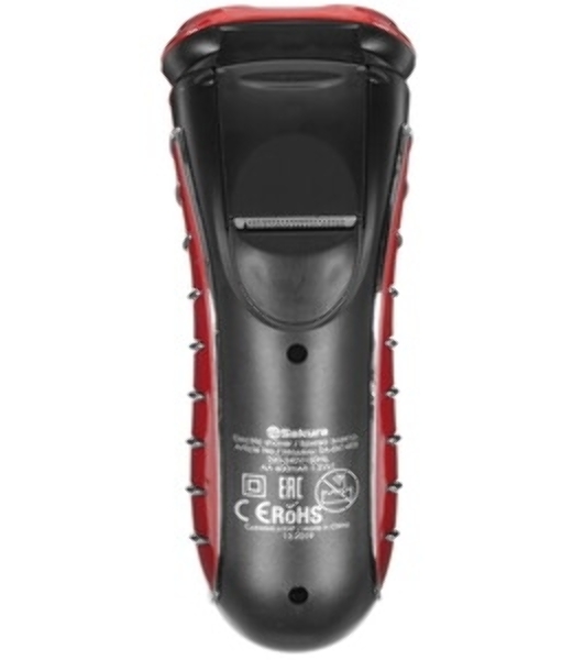 Электробритва Sakura SA-5414RB красно-черный(Бритва электрическая, сухое бритье, работа от аккумулятора. 3 бреющие головки. Индикатор заряда батарейки. Защитная крышка. Щеточка для очистки.)