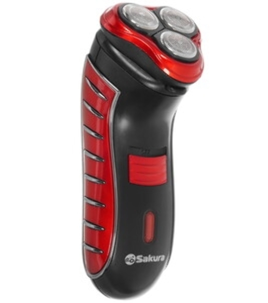 Электробритва Sakura SA-5414RB красно-черный(Бритва электрическая, сухое бритье, работа от аккумулятора. 3 бреющие головки. Индикатор заряда батарейки. Защитная крышка. Щеточка для очистки.)