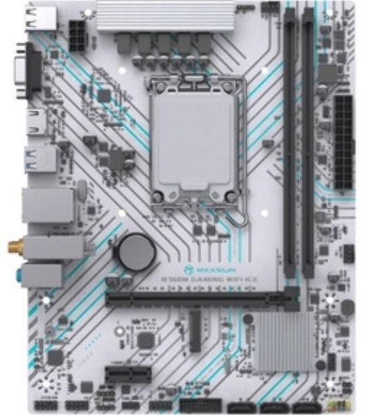 Материнская плата Maxsun B760M GAMING WIFI ICE, LGA 1700, Intel B760, 2xDDR4, 3xSATA, 1xM.2, 1xPCIe 4.0 x16, 1xPCIe x1, 1xVGA, 1xHDMI, 1x1Gb LAN, Wi-Fi 5, Bluetooth 4.2, 2xUSB-A 5Gbps, 4xUSB-A 2.0, 3x3.5 мм, 7.1, белый, mATX
