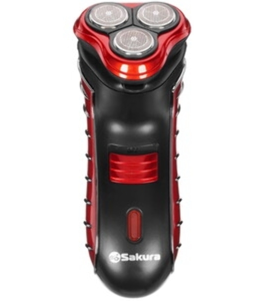 Электробритва Sakura SA-5414RB красно-черный(Бритва электрическая, сухое бритье, работа от аккумулятора. 3 бреющие головки. Индикатор заряда батарейки. Защитная крышка. Щеточка для очистки.)