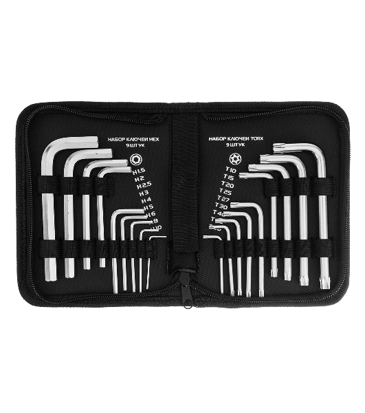 Набор ключей имбусовых Matrix HEX-TORX, 18 шт: HEX 1,5–10 мм, T10-T50, CrV, короткие, сатин.