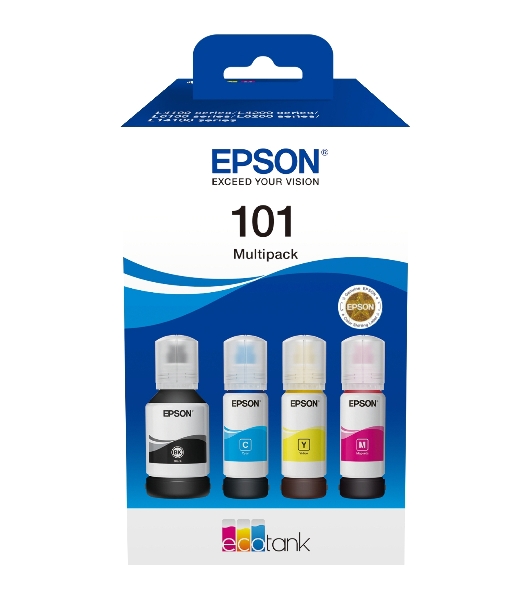 Чернила оригинальные Epson 101 / C13T03V64A мультипак, черный 127 мл., голубой, пурпурный, желтый - 210 мл. для Epson