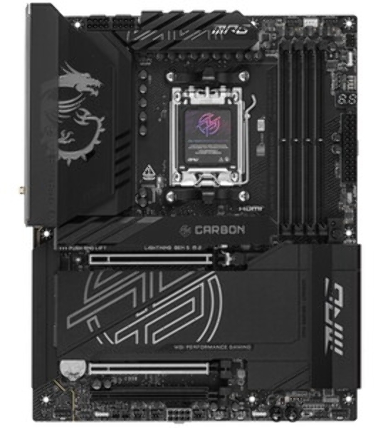 Материнская плата MSI MPG X870E CARBON WIFI, AM5, AMD X870E, 4xDDR5, 4xSATA, 4xM.2, 1xPCIe 5.0 x16, 1xPCIe 5.0 x4, 1xPCIe 4.0 x4, 1xHDMI, 2xUSB-C, 2x1Gb LAN, 9xUSB 3.2 Gen 2, 2xUSB4, 2x3.5 мм, 7.1, ATX