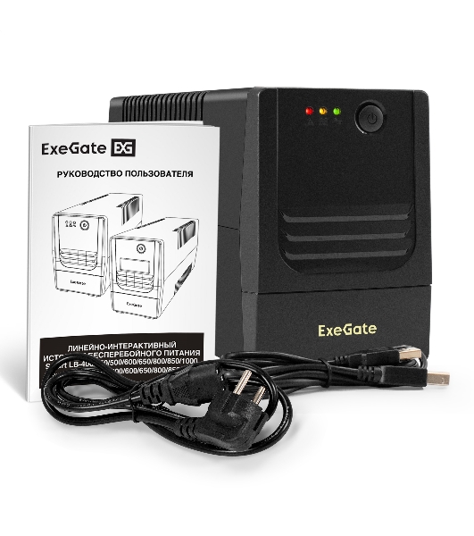 Источник бесперебойного питания ExeGate Power NB-850.LED.AVR.4C13.USB (850VA/510W, LED, AVR, 4*C13, USB, батарея 12V 9Ah, Black)