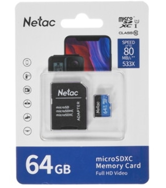 Флеш карта microSDHC 64Gb Netac P500 NT02P500STN-064G-R (с SD адаптером) 80Mb/s