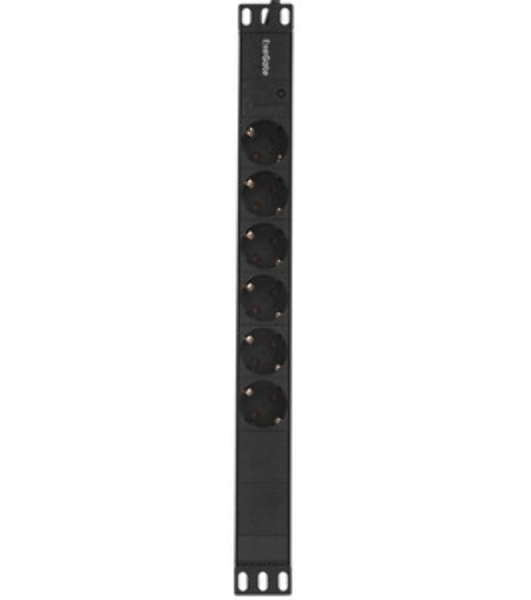 Блок розеток горизонтальный ExeGate ServerPro PDU-19H603 Al-6S-EU2.5, 19', 1U, Алюминий, 6 Schuko, кабель с евровилкой VDE-250V-16A-3*1.5мм2, 2.5 метра, черный