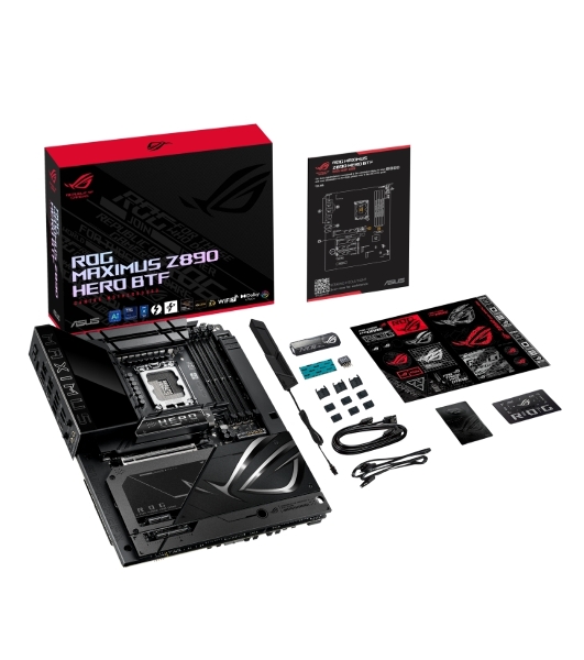Материнская плата ASUS ROG MAXIMUS Z890 HERO BTF, LGA1851, Intel Z890, 4xDDR5, 4xSATA, 6xM.2, 1xPCIe 5.0 x16, 1xPCIe 4.0 x4, 1xPCIe x1, 1xHDMI, 2xUSB-C (Thunderbolt 4), 1xUSB-C 3.2 Gen 2, 4xUSB-A 3.2 Gen 2, 4xUSB-A 3.2 Gen 1, 2x2.5Gb LAN, Wi-Fi 7, Bluetooth 5.4, 2x3.5 мм, S/PDIF, 7.1, ATX