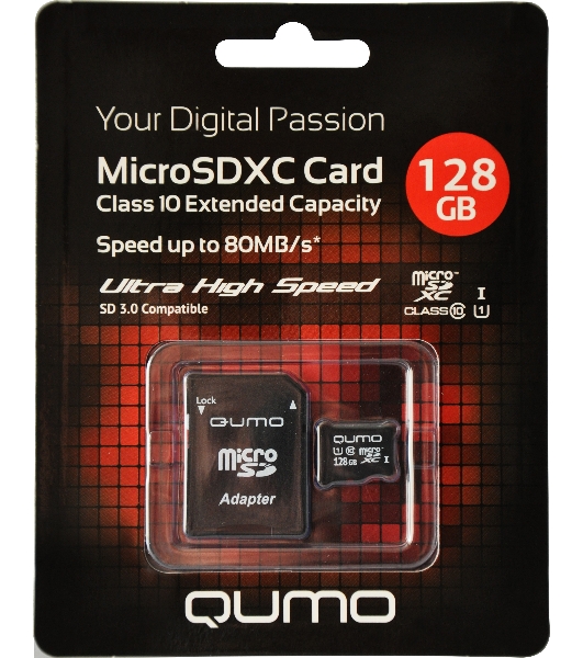 Флеш карта Micro SecureDigital 128Gb QUMO QM128GMICSDXC10U1 MicroSDXC Class 10 UHS-I, SD adapter