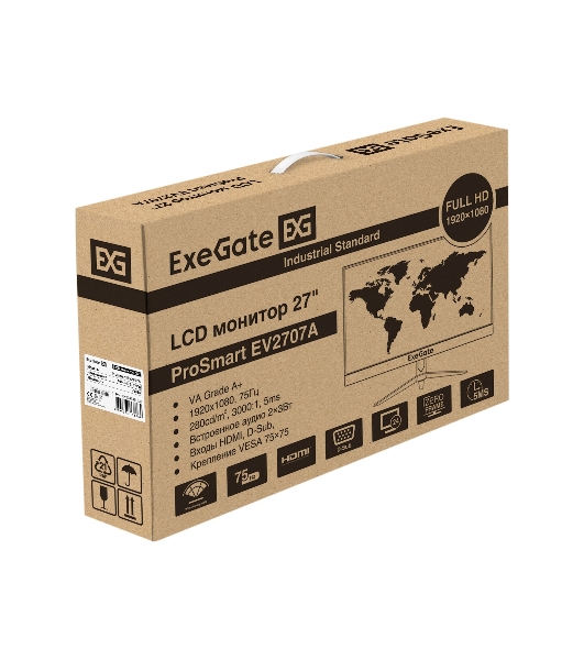 Монитор 27' ExeGate ProSmart EV2707A VA 1920x1080, 75 Гц, 5 мс, 16:9, 280 кд/м², 1xHDMI, 1xVGA, 3.5 мм, черный