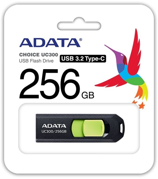 Флешка USB ADATA UC300 (ACHO-UC300-256G-RBK/GN), 256Gb, Type-C USB 3.2, R/W 100/30, черный/зеленый