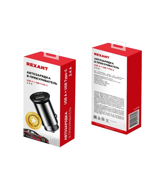 Автозарядка в прикуриватель Rexant АЗУ USB-A+USB-C, 2.4 A черный