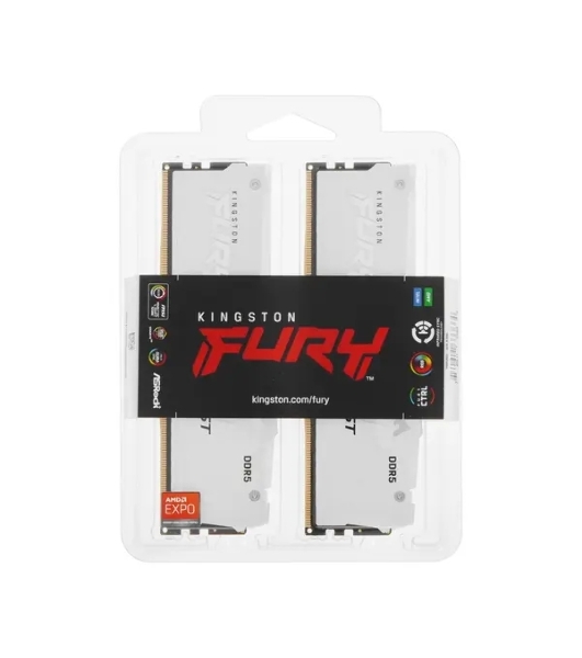 Оперативная память Kingston Fury Beast, DDR5, 32Gb (2x16Gb), 6000MHz, CL36, DIMM, с радиаторами, RGB, белый