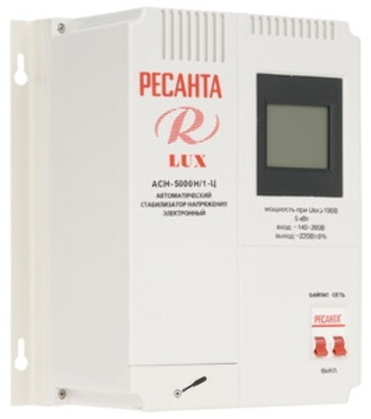 Стабилизаторы напряжения Ресанта АСН-5 000 Н/1-Ц 63/6/16 Стабилизатор Lux 220В±8%, Габариты 260х155х310, Вес 8кг