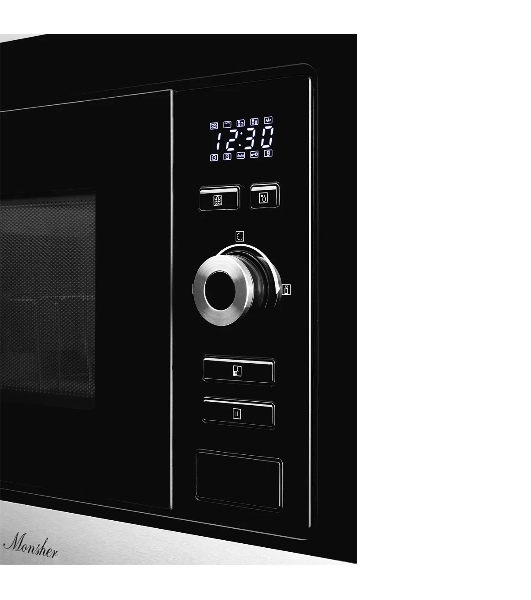 Встраиваемая микроволновая печь Monsher MMH 201 BX 60 см, 20 л, 8 автоматических кулинарных программ, 5 режимов мощности, функция размораживания по весу полуфабрикатов или по времени, черный и нерж.