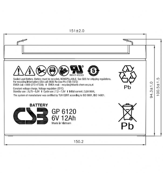 Батарея CSB GP 6120 (6V 12Ah)