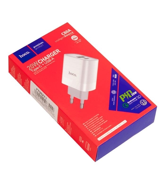 Сетевое зарядное устройство HOCO C80A Rapido 1xUSB + 1xUSB-C, 3.1A, 20W, белый