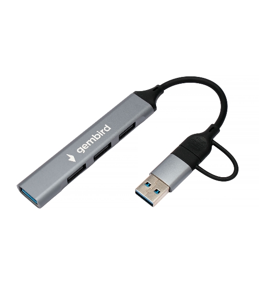 Разветвитель USB3.0/2.0 Gembird UHB-C204, USB3.0, 3xUSB2.0, кабель Type-C+USB 10 см, алюминий, пакет