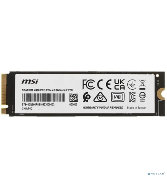 Накопитель SSD MSI SPATIUM M480 PRO, 2Tb, M.2 2280, PCIe 4.0 x4, NVMe, R/W 7400/7000