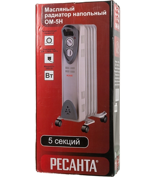 Обогреватель масляный Ресанта ОМ- 5Н (1 кВт) 67/3/6, 5 секц.