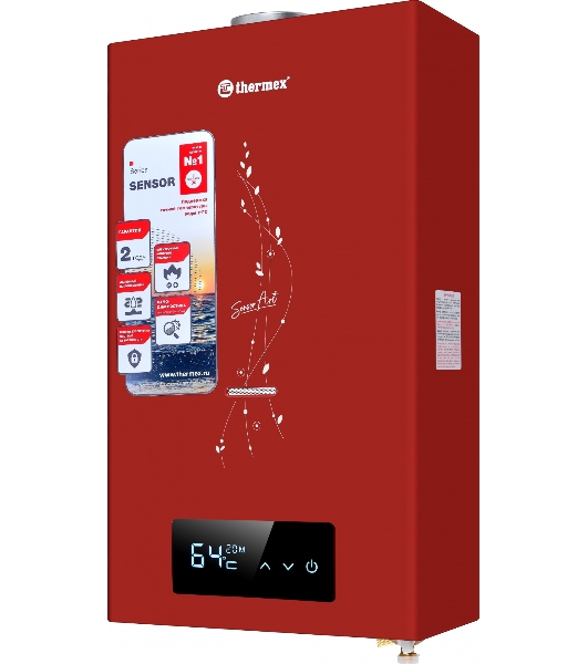 Водонагреватель газовый проточный Thermex S 20 MD Art Red красный, 20 кВт, настенный, электронное управление, производительность 10 л/мин