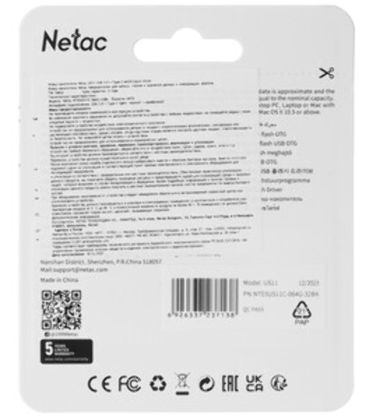 Флешка USB Netac US11 черный 64Gb USB Type-A + USB Type-C, metal/plastic case