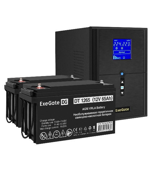 Комплект Источник бесперебойного питания EX295989RUS + батарея 65Aч EX282980RUS 2шт (инвертор, синус, для котла) ExeGate SineTower SZ-2000.LCD.AVR.3SH.1C13.USB <2000VA/1600W, чистый синусоида, LCD дисплей, AVR, 3*Schuko+1*C13, USB, линейно-интерактивный, черный> + батарея ExeGate DT 1265 (12В, 65Ач) 2шт