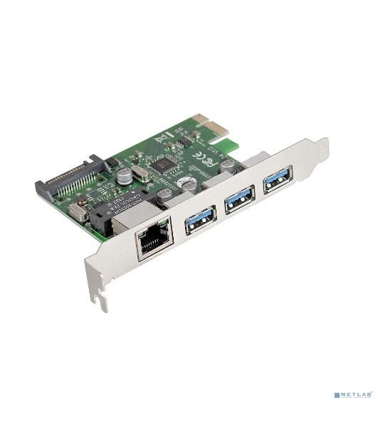 Контроллер сетевой ExeGate EXE-361 PCI-E 2.0, 3*USB 3.0 ext + LAN UTP 1000Mbps, раз.доп.пит.OEM)
