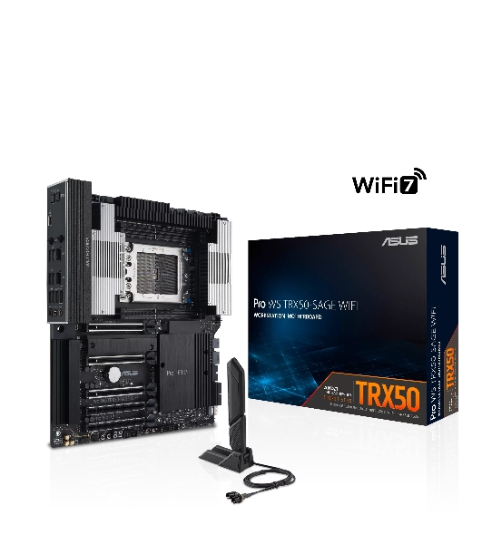 Материнская плата ASUS Pro WS TRX50-SAGE WIFI, sTR5, AMD TRX50, 4xDDR5, 4xSATA, 3xM.2, 1xSlimSAS, 1xPCI-E 5.0 x8, 1xPCI-E 4.0 x16, 1xPCI-E 4.0 x4, 2x 10Gb LAN, 2xUSB-A 2.0, 6xUSB-A 3.2 Gen 2, 1xUSB-C 3.2 Gen 2x2, 2x3.5 мм, 5.1, E-ATX