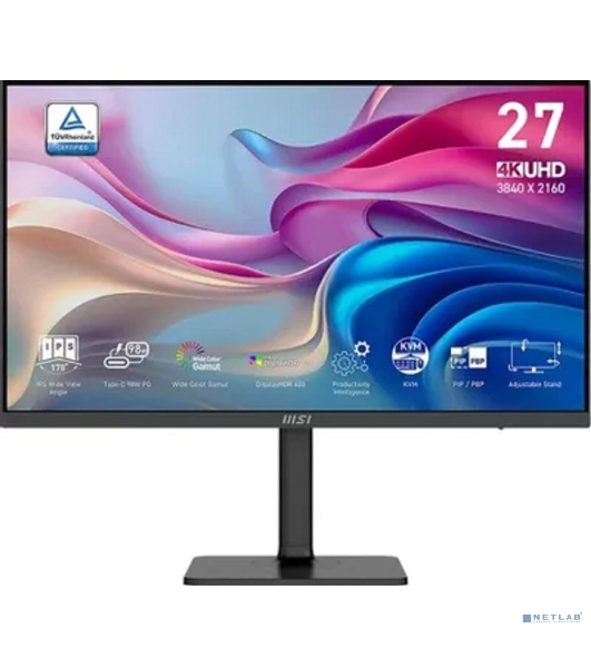 Монитор 27' MSI MD272UPHG IPS 3840x2160, 60 Гц, 4 мс, 16:9, 400 кд/м², 2xHDMI 2.0b, DP 1.4a, USB-C (98 Вт), USB Hub (3x USB 3.0), 3.5 Jack, динамики (2x3 Вт), Adaptive-Sync, черный