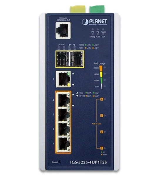Коммутатор PLANET IP30 Industrial L2+/L4 4-Port 60W 1000T Ultra PoE+ 1-Port 1000T + 2-port 100/1000X SFP Full Managed Switch (-40 to 75 C, dual redundant power input on 48~56VDC terminal block, DIDO, ERPS Ring Supported, 1588)