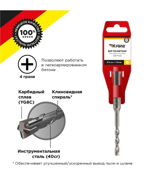 Бур по бетону Kranz 6x110x50 мм крестовая пластина SDS PLUS