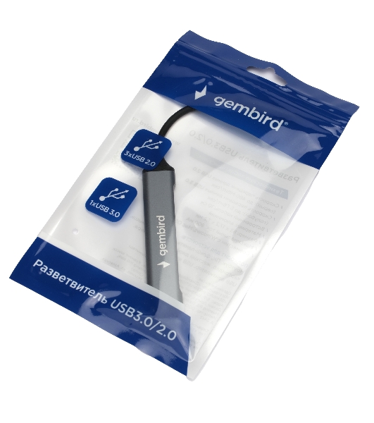 Разветвитель USB3.0/2.0 Gembird UHB-C202, USB3.0, 3xUSB2.0, кабель Type-C 10 см, алюминий, пакет