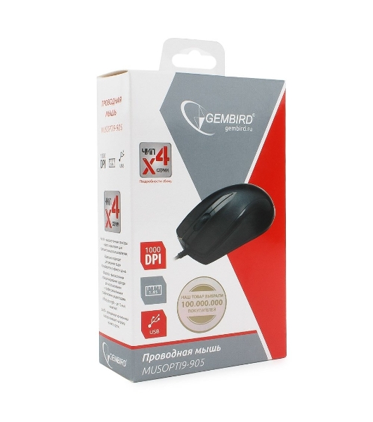 Мышь проводная Gembird MUSOPTI9-905U черный, 1000 dpi, USB, кнопки - 3