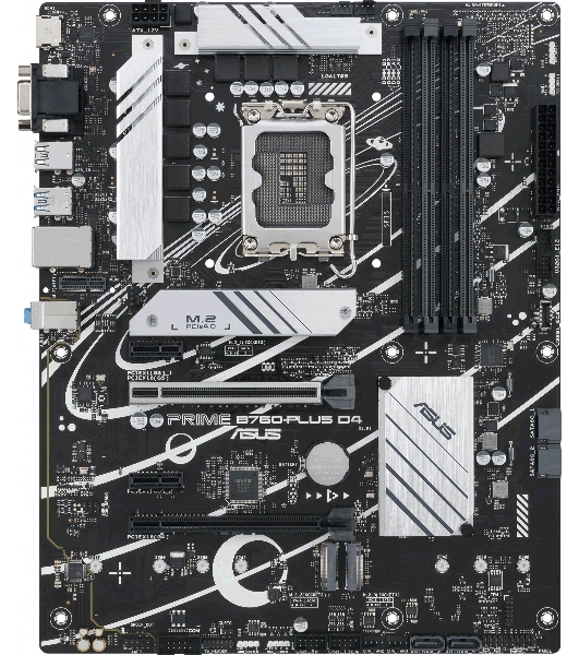 Материнская плата ASUS PRIME B760-PLUS D4, LGA 1700, Intel B760, 4xDDR4, 4xSATA, 3xM.2, 1xPCIe 4.0 x4, 1xPCIe 5.0 x16, 1xHDMI, 1xDP, 1xVGA, 1x 2.5Gb LAN, 1xUSB 3.2 Gen 2, 2xUSB-A 3.2 Gen 2, 3x3.5 мм, 7.1, ATX