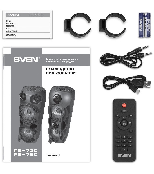 Колонка АС SVEN PS-750, черный (80 Вт, TWS, Bluetooth, FM, USB, microSD, LED-дисплей, 2х4400мА*ч)