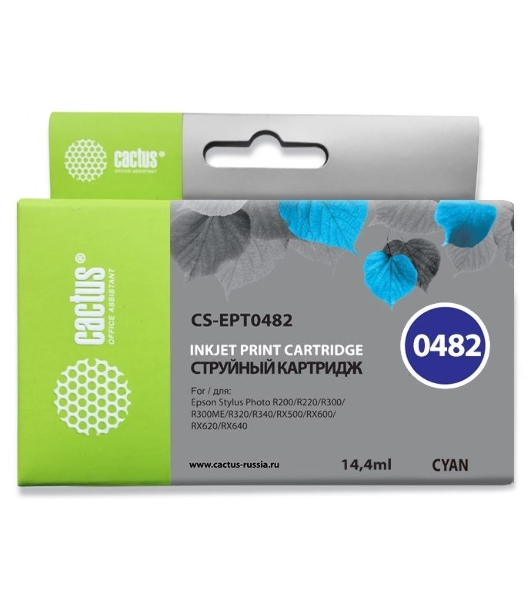 Картридж струйный Cactus CS-EPT0482 голубой (14.4 мл) для Epson Stylus Photo R200/R220/R300/R320/R340/RX500/RX600/RX620/RX640