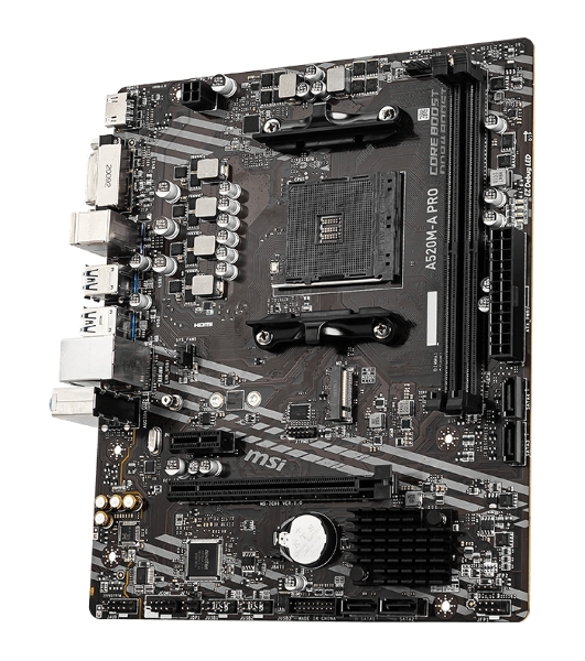 Материнская плата MSI A520M-A PRO, AM4, AMD A520, 2xDDR4, 4xSATA, 1xM.2, 1xPCIe 3.0 x16, 1xDVI-D, 1xHDMI, 1x 1Gb LAN, 2xUSB 2.0, 4xUSB 3.2 Gen 1, 3x3.5 мм, 7.1, mATX