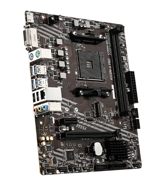 Материнская плата MSI A520M-A PRO, AM4, AMD A520, 2xDDR4, 4xSATA, 1xM.2, 1xPCIe 3.0 x16, 1xDVI-D, 1xHDMI, 1x 1Gb LAN, 2xUSB 2.0, 4xUSB 3.2 Gen 1, 3x3.5 мм, 7.1, mATX