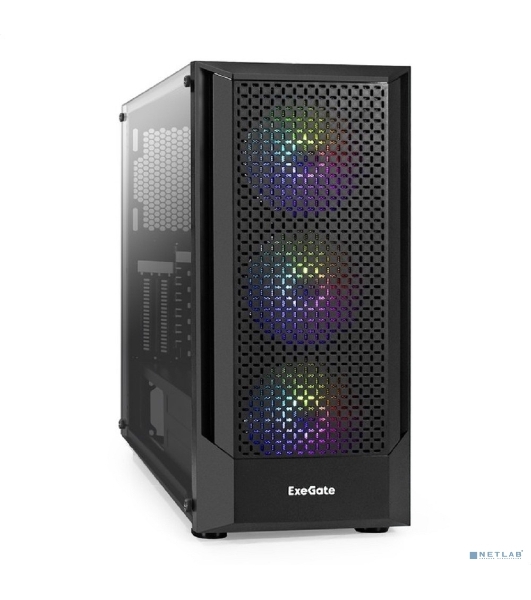 Компьютерный корпус Miditower ExeGate EVO-8227 (ATX, без БП, 2хUSB+1хUSB 3.0+HD Audio, черный, 3 вент. с RGb подсветкой, боковая панель - закаленное стекло)