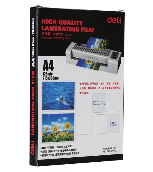 Пленка для ламинирования Deli 125мкм A4 (100 шт) глянцевая 216x303 мм с клеящим слоем E3817