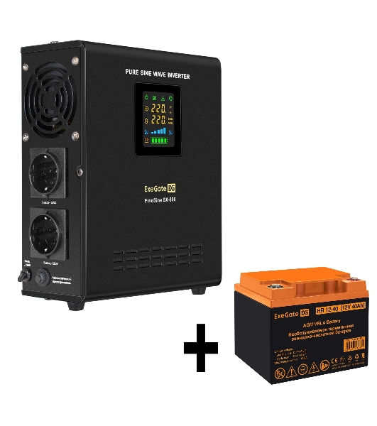 Комплект Источник бесперебойного питания EX295996RUS + батарея 40Aч EX282979RUS 1шт (инвертор, синус, для котла, настенный) ExeGate FineSine SX-800.LCD.AVR.2SH <800VA/500W, чистая синусоида, цветной LCD-дисплей, AVR, 2*Schuko, линейно-интерактивный, крепление настенное/универсальное, черный> + батарея ExeGate HR 12-40 (12В, 40Ач) 1шт