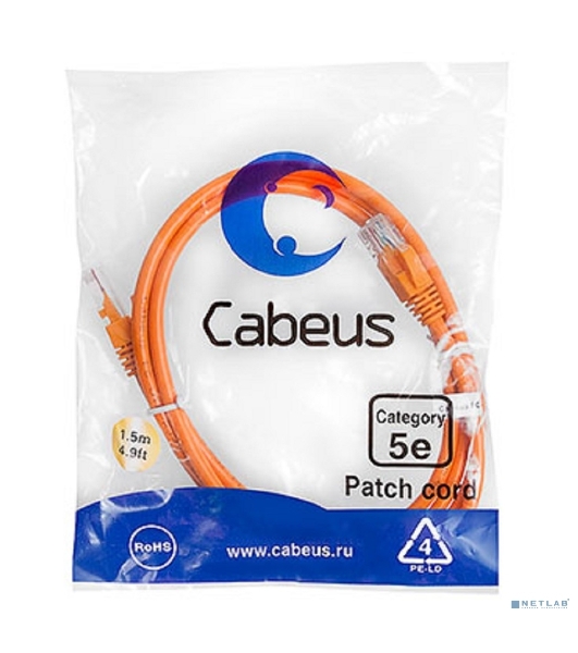 Шнур коммутационный Cabeus, Cat.5e, неэкр., U/UTP, RJ45/RJ45, LSZH, AWG24 1.5м, оранжевый