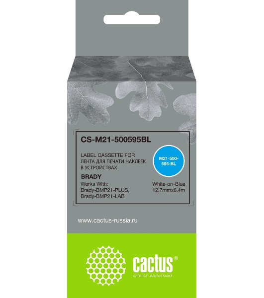 Картридж ленточный Cactus CS-M21-500595BL белый на синем 12.7x6.4 для Brady BMP21-PLUS, BMP21-LAB