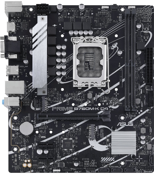 Материнская плата ASUS PRIME B760M-K D4, LGA 1700, Intel B760, 2xDDR4, 4xSATA, 2xM.2, 1xPCIe 4.0 x16, 2xPCIe x1, 1xHDMI, 1xVGA, 1x 2.5Gb LAN, 2xUSB-A 3.2 Gen 1, 2xUSB-A 2.0, 3x3.5 мм, 7.1, mATX