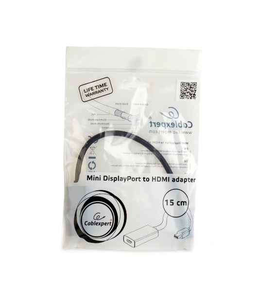 Переходник miniDisplayPort -> HDMI, Cablexpert A-mDPM-HDMIF4K-01, 4K, 20M/19F, кабель 15 см, черный, пакет
