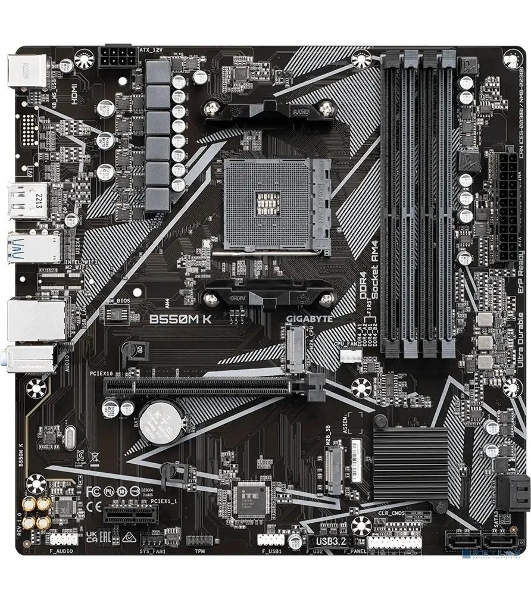 Материнская плата Gigabyte B550M K, AM4, AMD B550, 4xDDR4, 4xSATA, 2xM.2, 1xPCIe 4.0 x16, 1xPCIe x1, 1xHDMI, 1xDP, 1x 1Gb LAN, 4xUSB-A 3.2 Gen 1, 4xUSB-A 2.0, 3x3.5 мм, 7.1, mATX